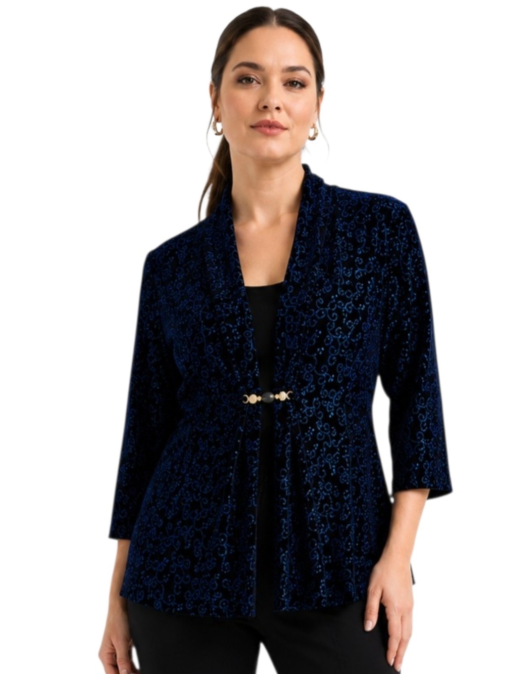 Elementz Women’s Blue Velvet Scroll Print Open Front Jacket Top. Size L